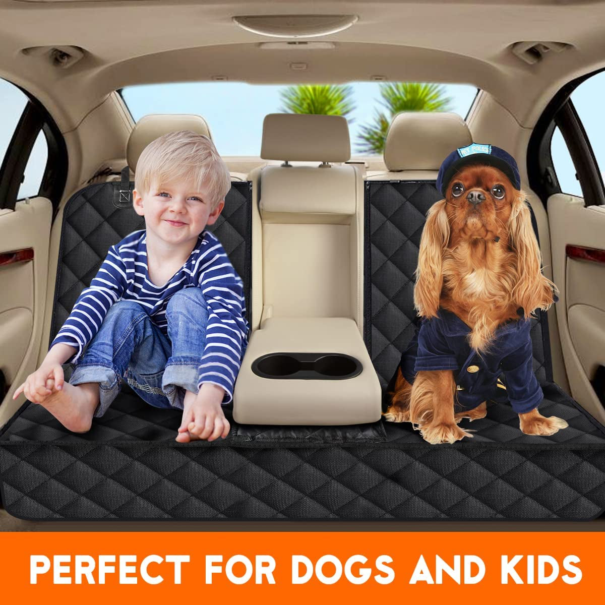 Dog Car Seat Cover – Waterproof Back Seat Protector for Dogs & Pets | Non-Slip Bench Seat Cover with Middle Armrest Access | Fits Most Cars, Trucks & SUVs – Black