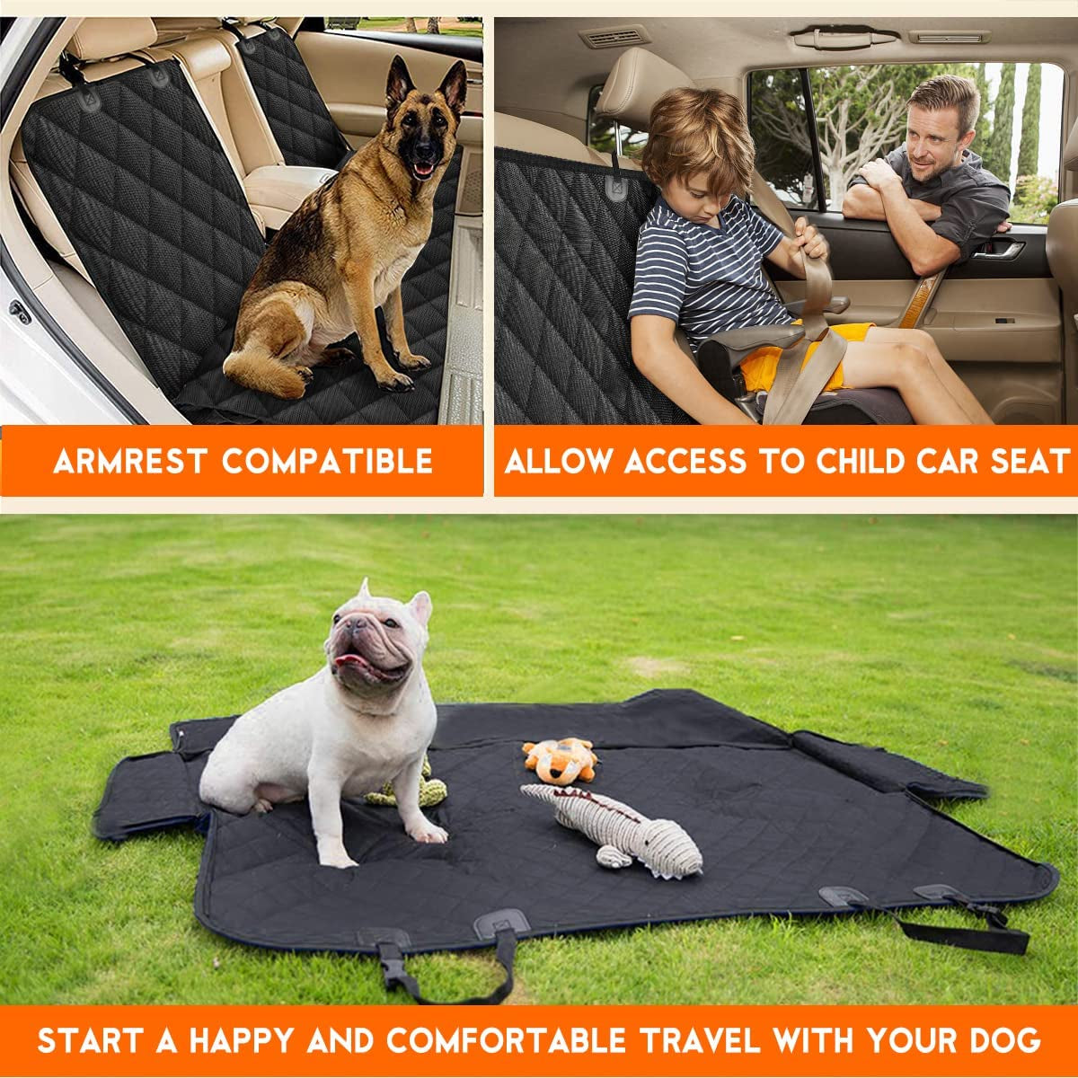 Dog Car Seat Cover – Waterproof Back Seat Protector for Dogs & Pets | Non-Slip Bench Seat Cover with Middle Armrest Access | Fits Most Cars, Trucks & SUVs – Black